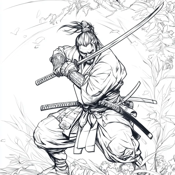 Samurai holding katana, japanese realistic style — free printable samurai coloring book page
