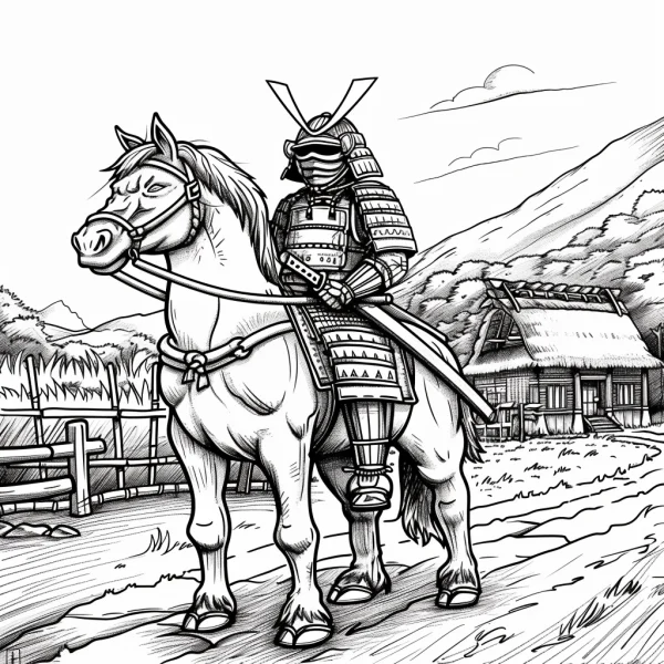 Samurai riding a horse, japanese style — free printable samurai coloring book page