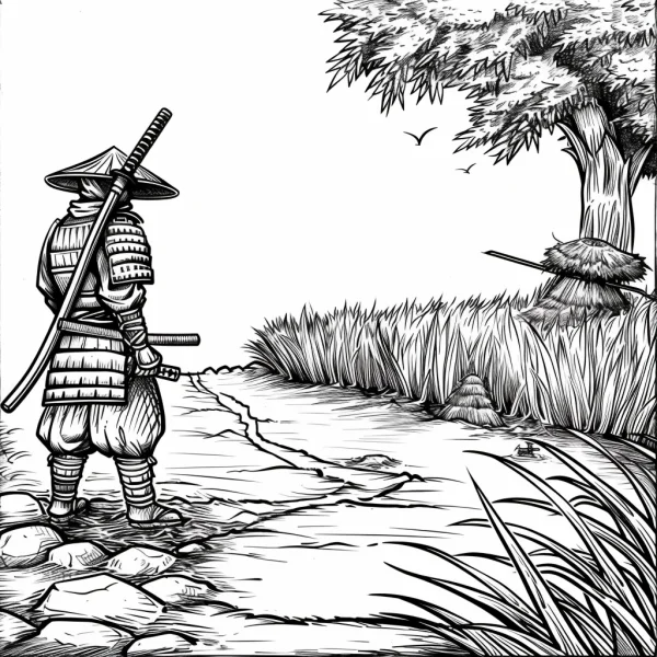 Back view of japanese samurai with bamboo hat and katana, japanese style — free printable samurai coloring book page