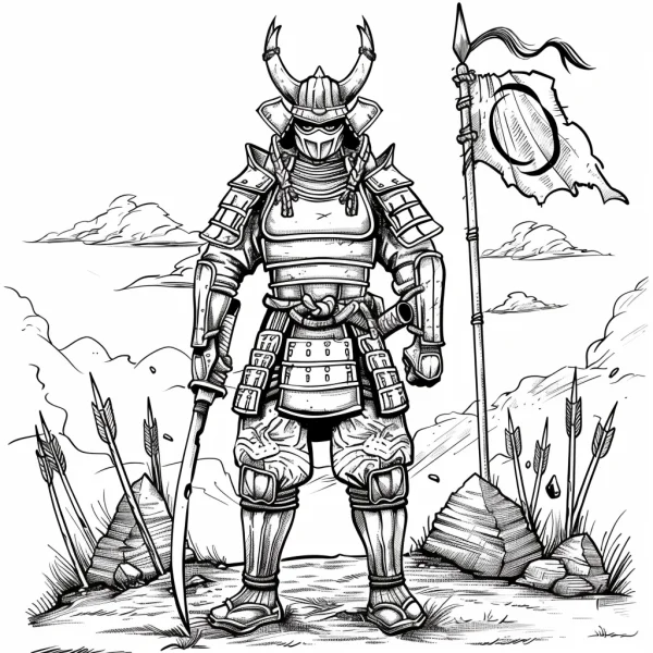 Fully armored samurai with horned helmet, japanese style — free printable samurai coloring book page