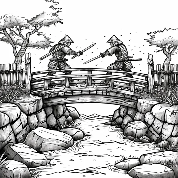 Two japanese samurai warriors dueling on a wooden bridge over a stream, japanese style — free printable samurai coloring book page