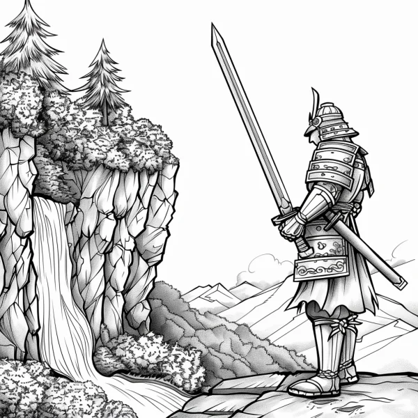 Coloring book page, armored samurai holding a long sword — free printable samurai coloring book page