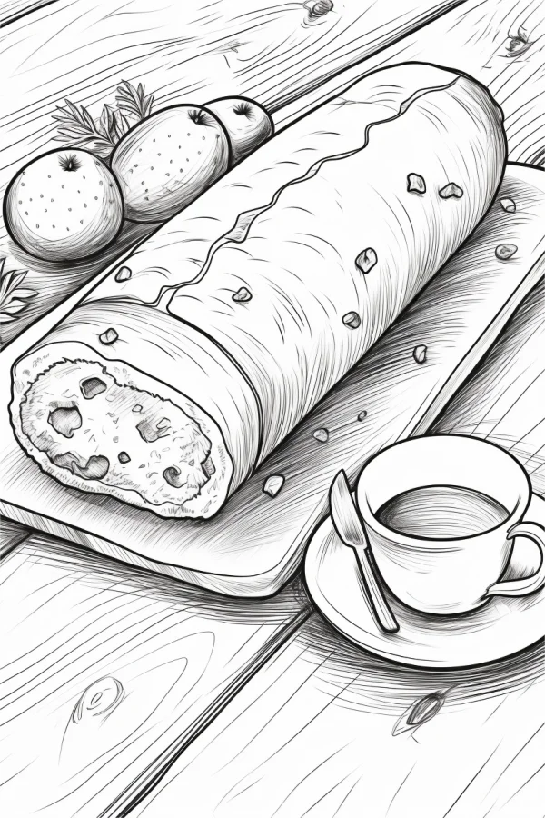 Cake roll with coffee and citrus fruits on wooden table, realistic sketch style — free printable afternoon tea coloring book page
