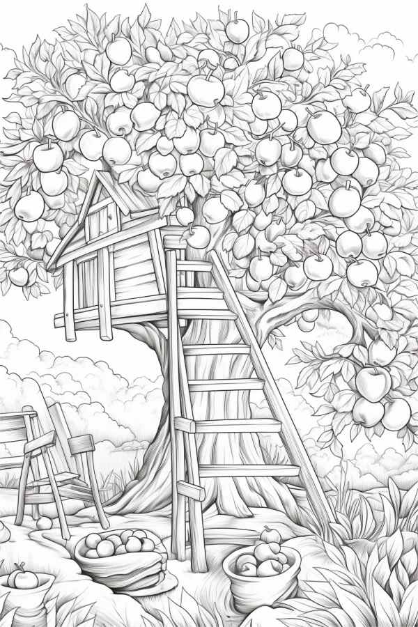 Treehouse on apple tree full of ripe apples, realistic sketch line art — free printable childlike coloring book page