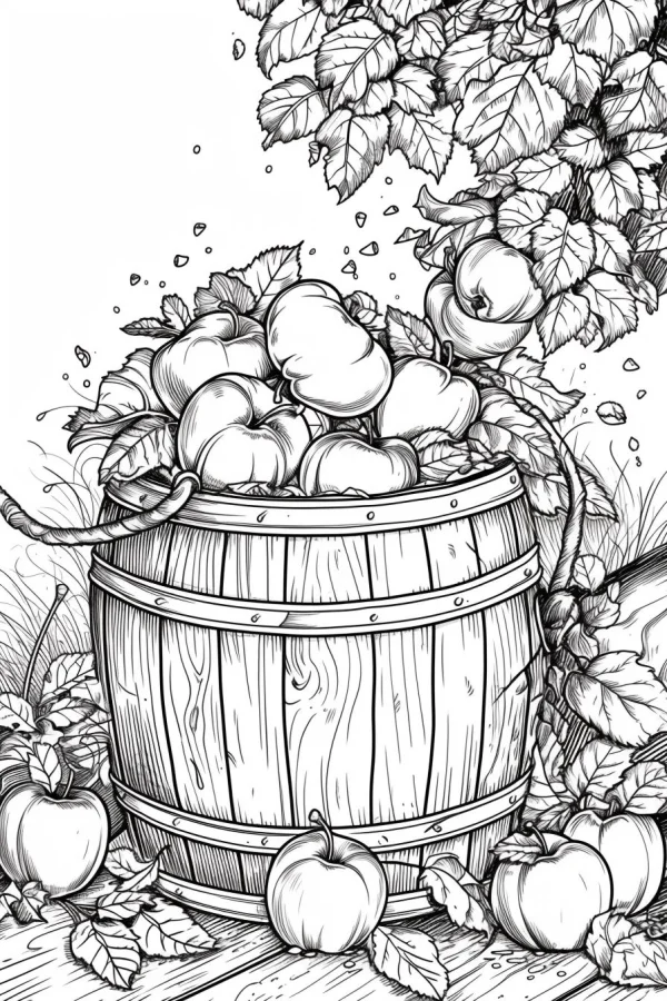 Wooden barrel full of apples, realistic sketch style — free printable fruit coloring book page