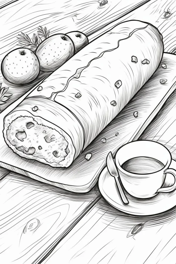 Cake roll with coffee cup and fruits on wooden table, sketch realistic style — free printable afternoon tea coloring book page