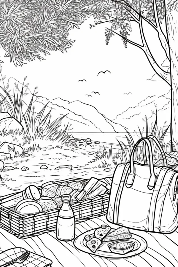 Outdoor picnic scene with picnic basket, tote bag — free printable outdoor scenery coloring book page