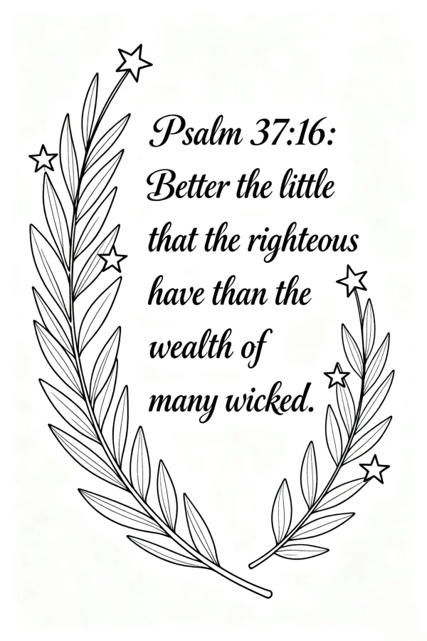 Decorative laurel wreath with stars and psalm 37:16 scripture, minimal line art style — free printable religious culture coloring book page