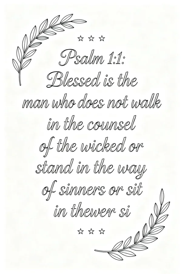 Bible verse psalm 1:1 line art, vintage style — free printable text decoration coloring book page