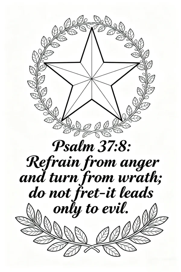 Five-pointed star surrounded by laurel branches, with inspirational bible verse psalm 37:8 — free printable peace coloring book page