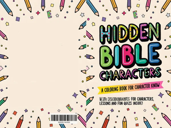 Coloring book cover, 'hidden bible characters' colorful art font title — free printable coloring page