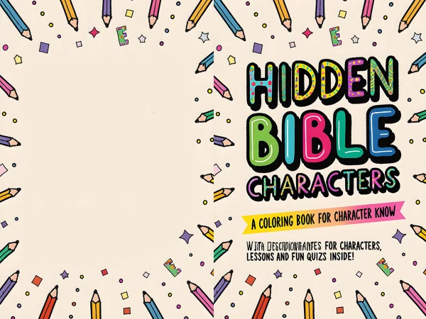 Coloring book cover, 'hidden bible characters' colorful decorative art title — free printable coloring page
