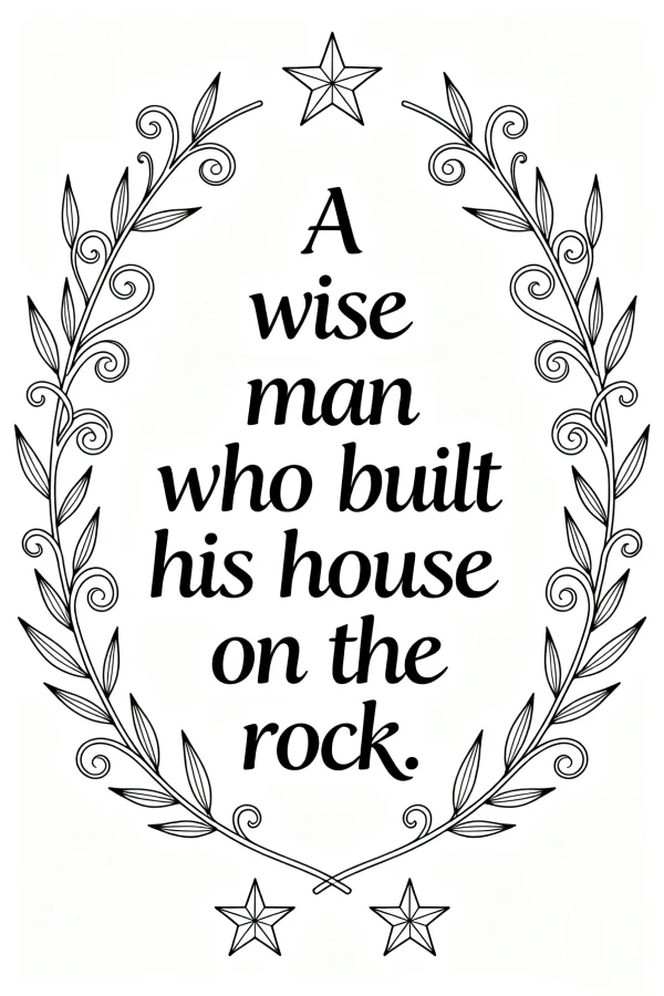 Coloring book page, inspirational quote 'a wise man who built his house on the rock' surrounded by symmetrical laurel wreath with leaves and curly patterns — free printable text decoration coloring book page