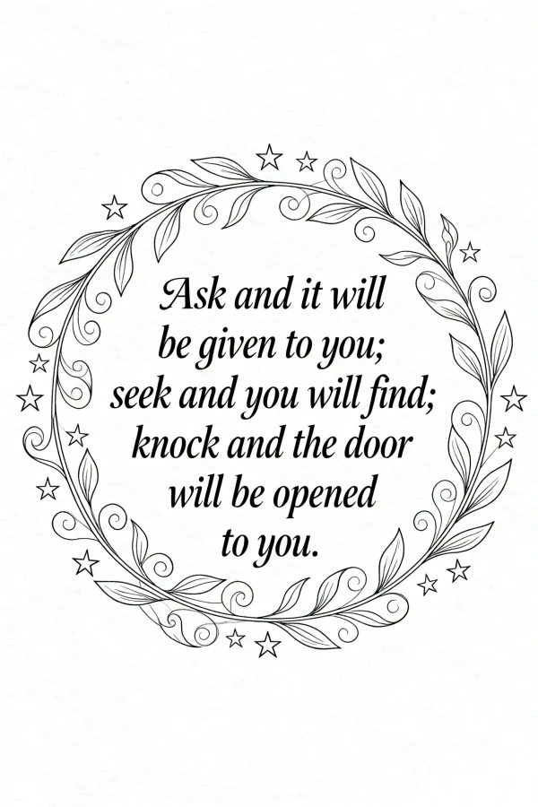 Coloring book page, motivational quote surrounded by vine wreath and stars — free printable natural decor coloring book page