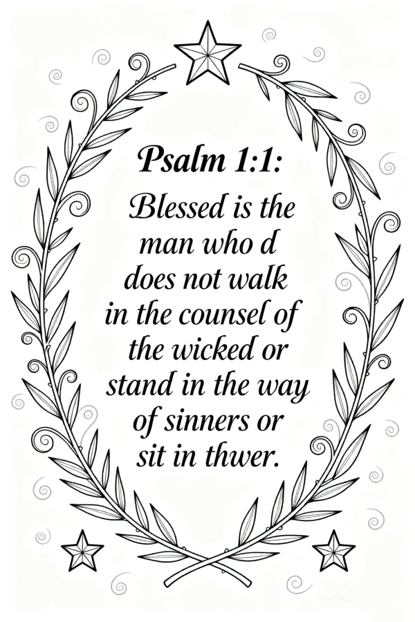 Religious text psalm 1:1 surrounded by laurel wreath and five-pointed stars, decorative art style — free printable text decoration coloring book page