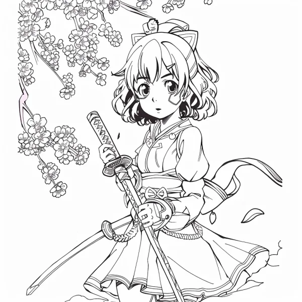 Cat-eared samurai girl in traditional japanese kimono, japanese anime cartoon style — free printable samurai coloring book page