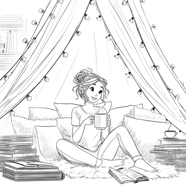 Girl reading in a cozy indoor tent, holding a mug — free printable home leisure coloring book page