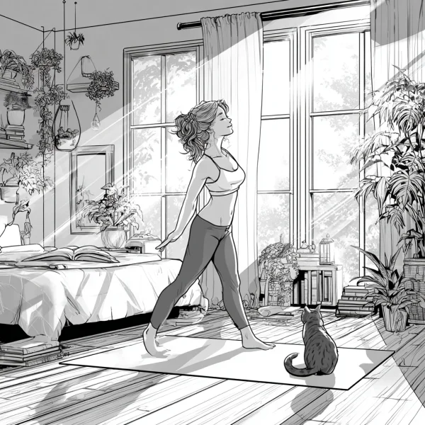 Woman doing yoga with a cat on a yoga mat, cozy bedroom interior with abundant plants — free printable indoor life coloring book page