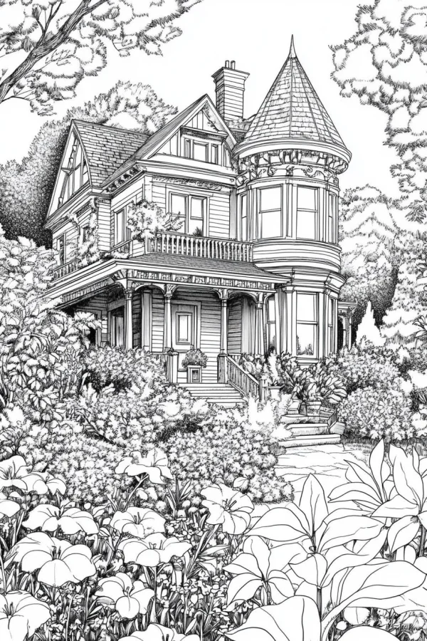 Vintage victorian house with lush garden, realistic retro style — free printable residential coloring book page