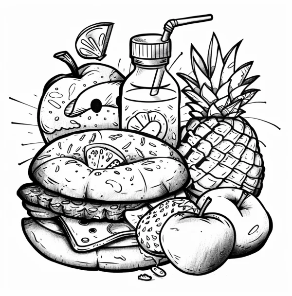 Anthropomorphic apple combined with various foods including pineapple, bagel — free printable personification coloring book page