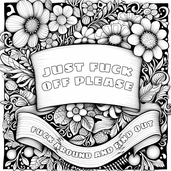 Vulgar text scrolls surrounded by intricate floral patterns and foliage, decorative art style — free printable offensive expression coloring book page
