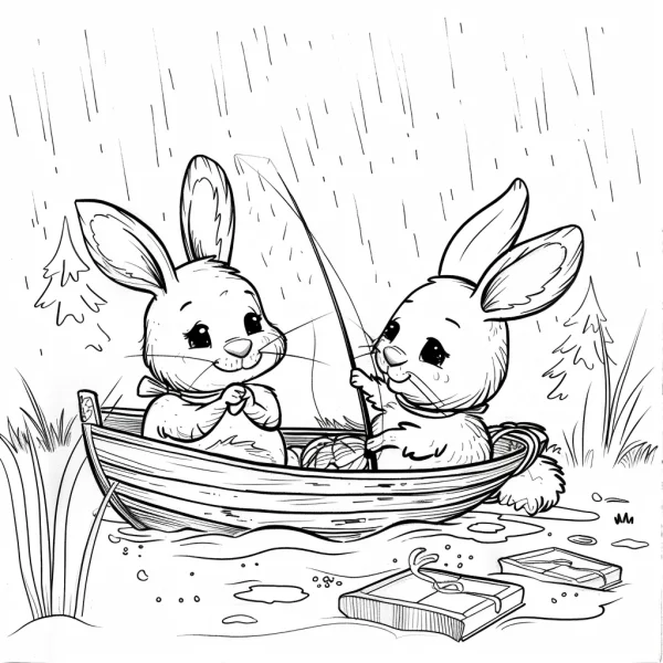 Two cute rabbits fishing in a small boat in the rain, cartoon style — free printable fishing coloring book page