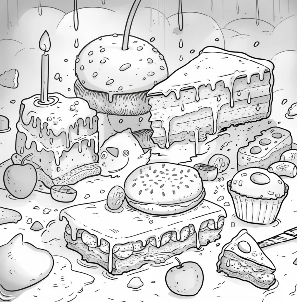 Cartoon-style dessert collection, various cute desserts including cake with candle — free printable childlike coloring book page