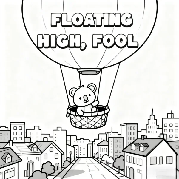 Cute koala in hot air balloon basket, cartoon style — free printable childlike coloring book page