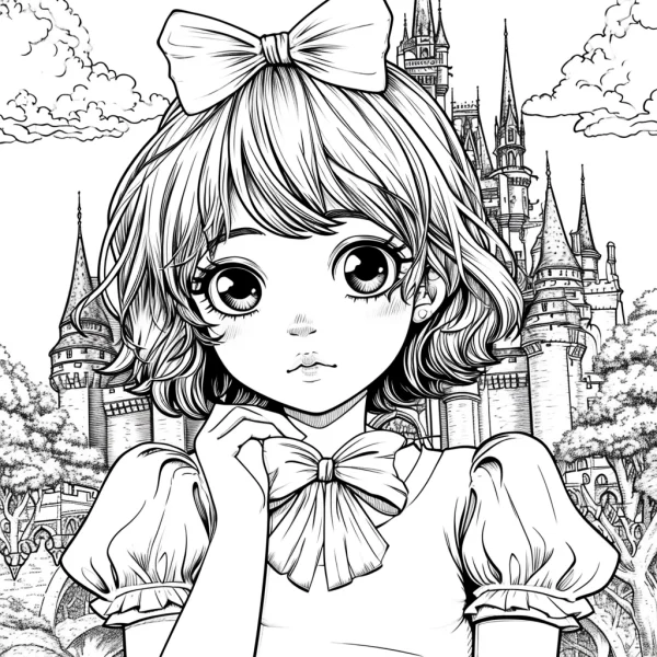 Cute curly-haired girl with big bows, anime style — free printable scenes coloring book page