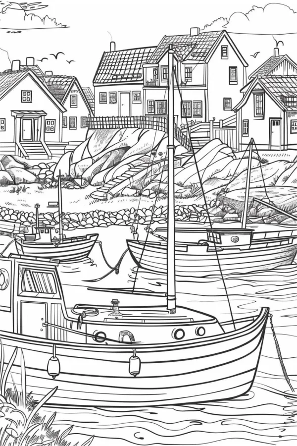 Coastal fishing village with boats and residential houses, realistic illustration style — free printable fishing village life coloring book page