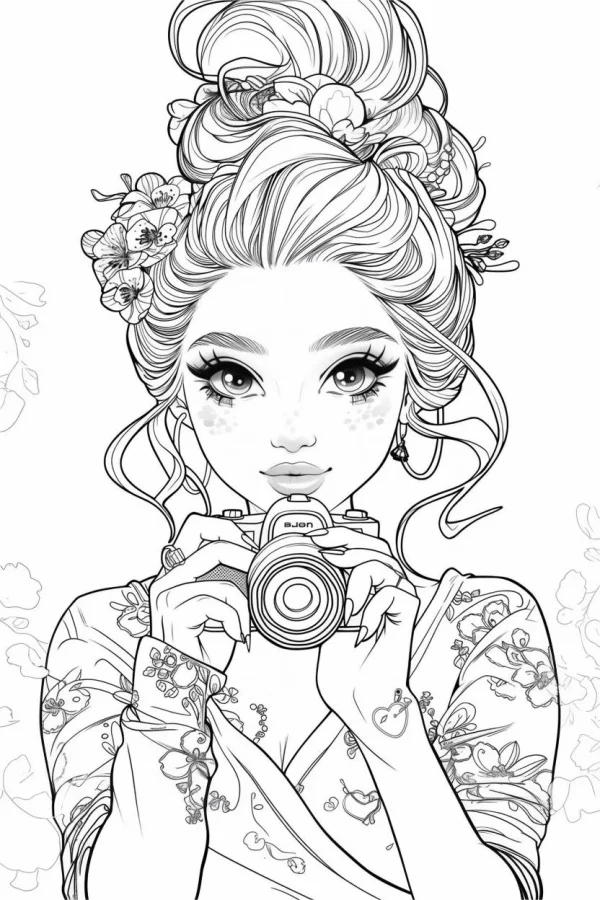 Cute girl holding ilford camera with floral hair accessories and floral-patterned clothing, cartoon style — free printable photography coloring book page