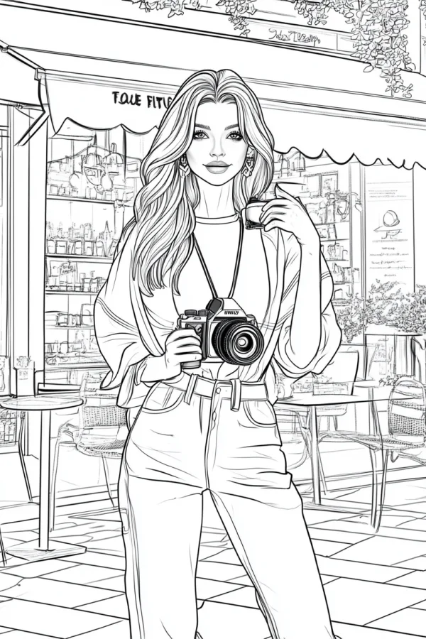 Coloring book page, stylish girl holding a dslr camera and coffee cup — free printable photography coloring book page