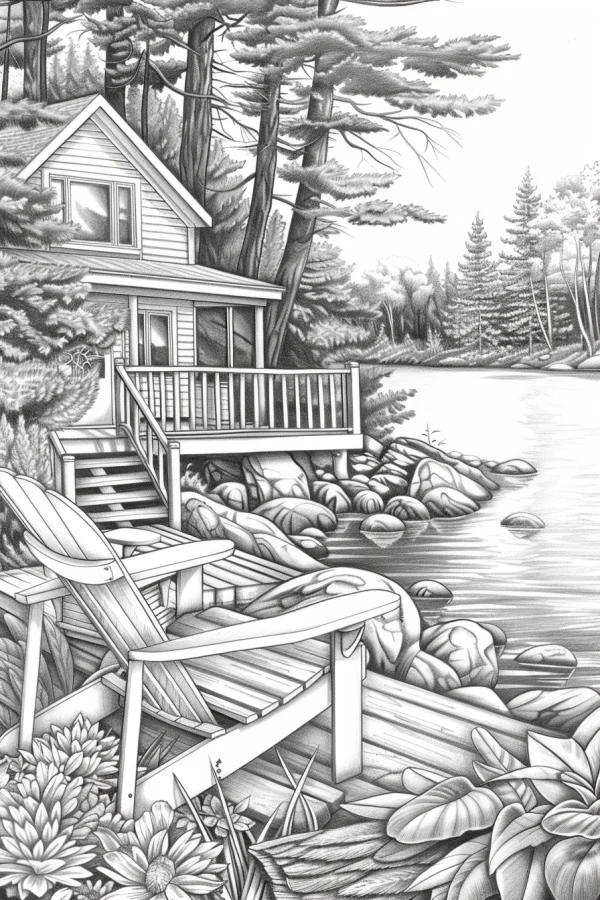 Lakeside forest cabin with wooden lounge chair on dock, realistic sketch style — free printable leisure vacation coloring book page