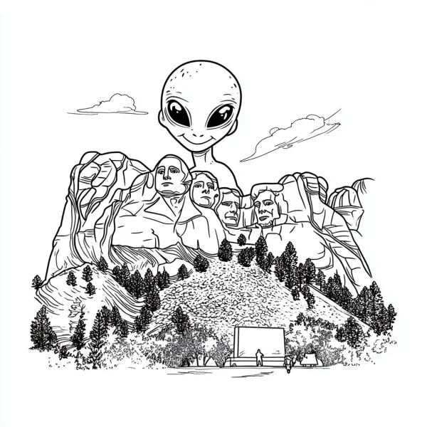 Alien towering over mount rushmore presidents, cartoon style — free printable landmarks coloring book page