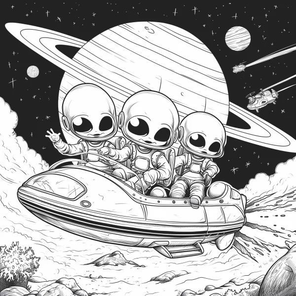 Cute cartoon alien creatures riding a flying saucer, sci-fi fantasy style — free printable aliens coloring book page