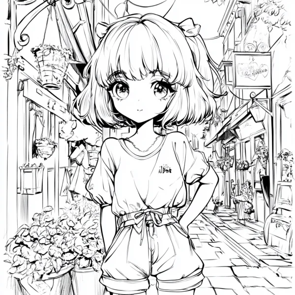 Cute cartoon short-haired girl, anime style — free printable street view coloring book page