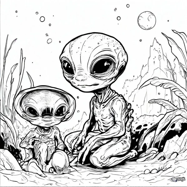 Alien parent and child, sci-fi cartoon style — free printable aliens coloring book page