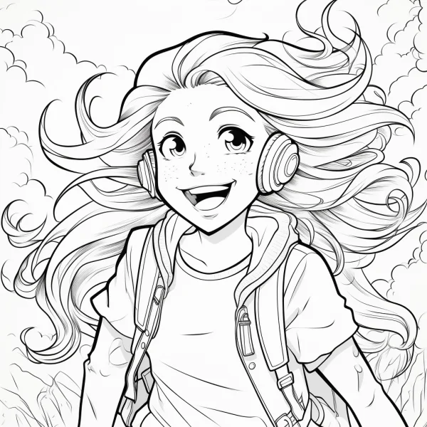 Cartoon girl with headphones and backpack, cartoon style — free printable campus life coloring book page