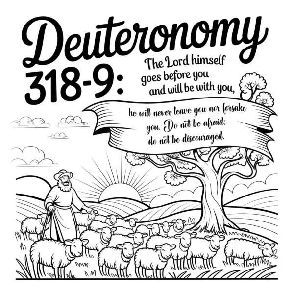 Elderly shepherd with a flock of sheep in pastoral countryside landscape with large tree and rising sun, smooth medium organic lines — free printable bible stories coloring book page