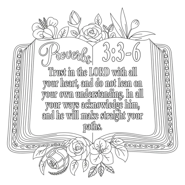 Open book decorated with roses and flowers, featuring proverbs 3:3-6 bible verse — free printable books coloring book page