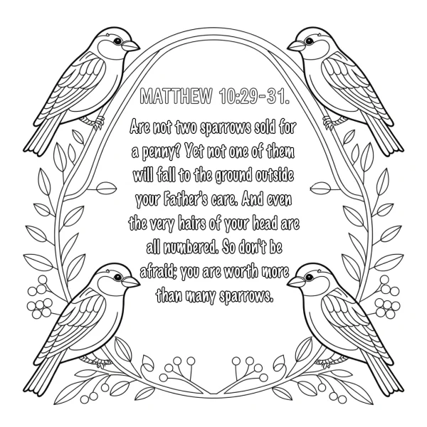 Four sparrows surrounding an arched frame with religious scripture (matthew 10:29-31), decorated with leaves and berries — free printable spiritual healing coloring book page