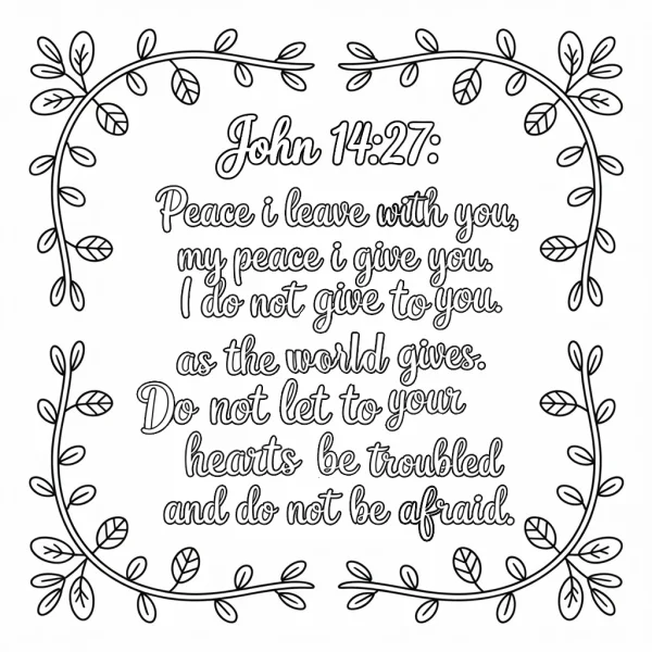 Religious scripture john 14:27 framed by leaf wreath, handwritten artistic text — free printable spiritual comfort coloring book page