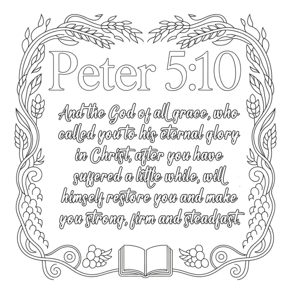 Religious inspirational scripture peter 5:10 with decorative vine, wheat — free printable text decoration coloring book page
