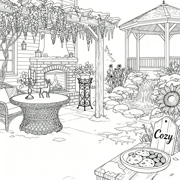 Cozy winter patio with fireplace, sketch style — free printable home leisure coloring book page