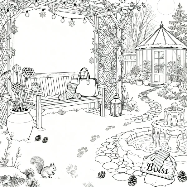 Winter courtyard resting scene with wooden bench and squirrel, realistic illustration style — free printable family life coloring book page