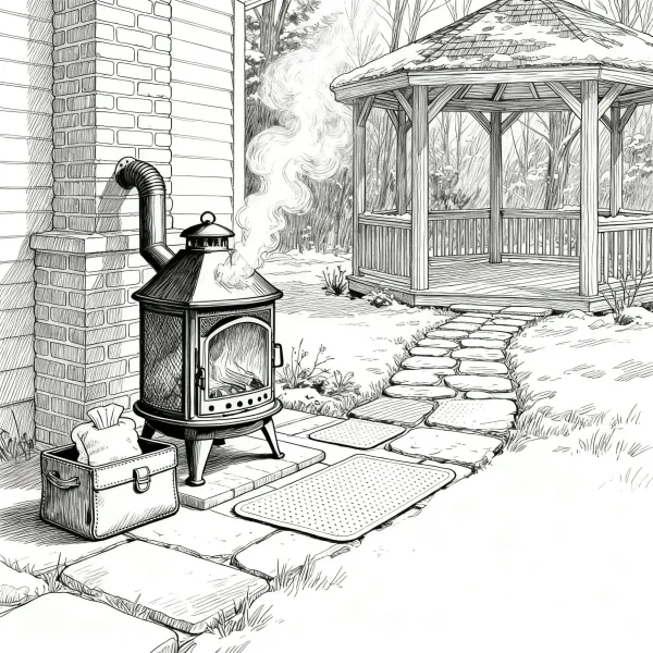 Outdoor patio with a wood-burning stove, realistic sketch style — free printable yard life coloring book page