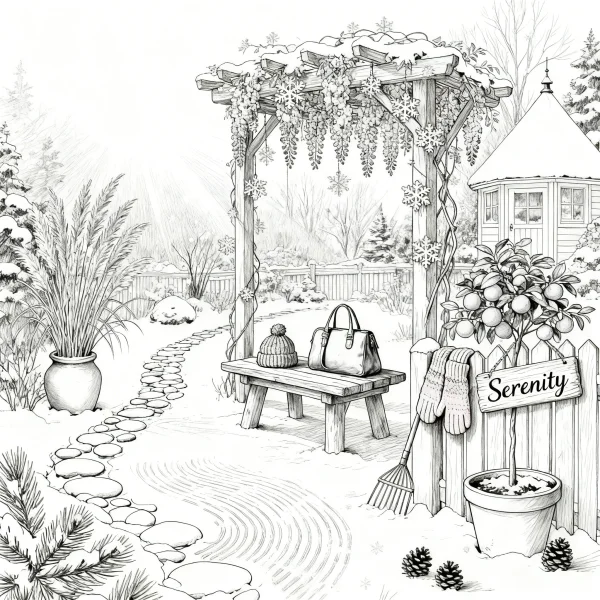 Winter courtyard leisure scene with wooden arbor, bench — free printable yard life coloring book page