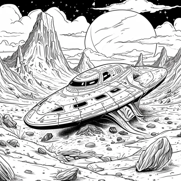 Flying saucer in alien desert landscape, sci-fi style — free printable alien landscape coloring book page