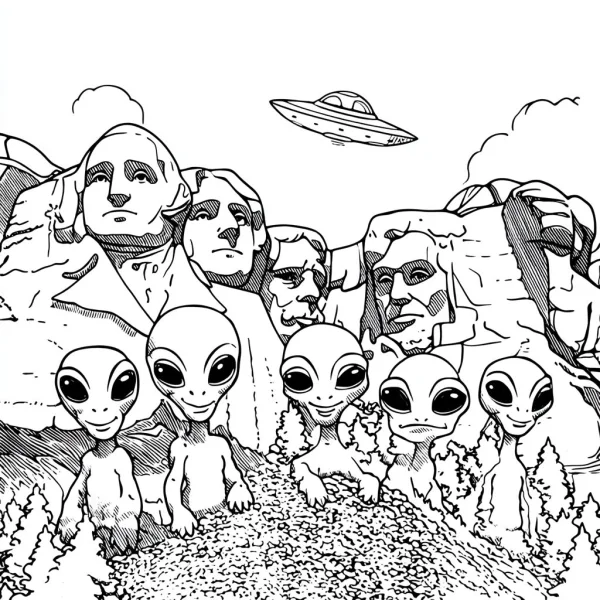 Aliens in front of mount rushmore, cartoon style — free printable landmarks coloring book page