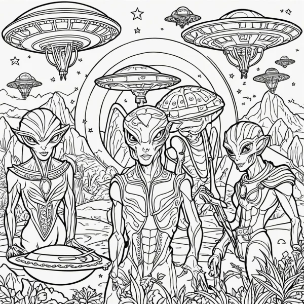 Aliens and ufos, sci-fi style — free printable aliens coloring book page